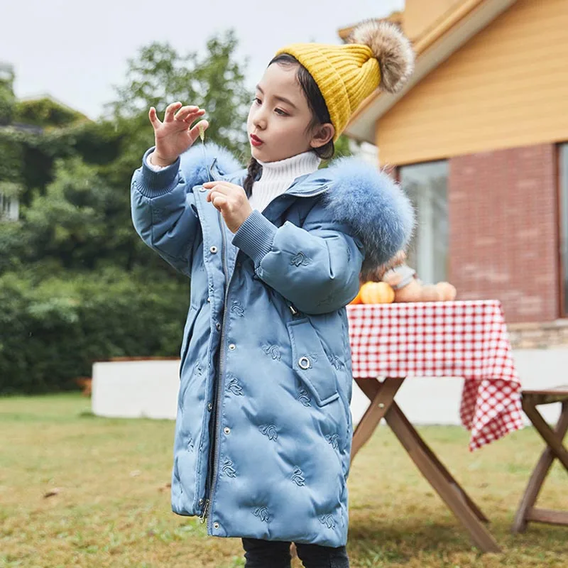 IYEAL для девочек Зимний теплый пуховик для детей, модное длинное пальто Детская верхняя одежда Парка на пуху Детские Костюмы для-30 градусов - Цвет: Синий