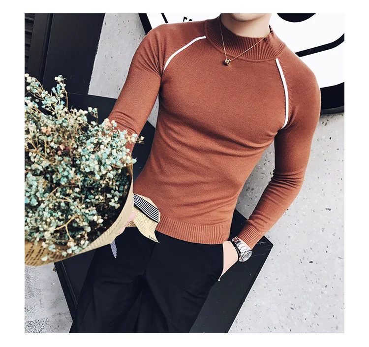 4 цвета контрастная окантовка sueter hombre slim fit полуводолазка пуловер для мужчин Vetement Homme trui heren коричневый slim fit