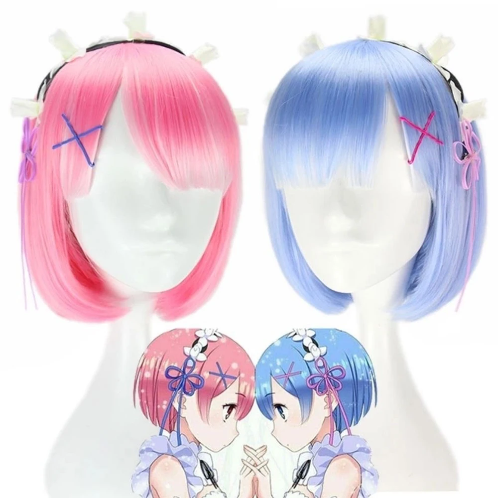 Anime Re:Life In A Different World From Zero Ram Rem Short Blue Pink Wig Cosplay Costume Prop+Wig cap cosplay wig | Тематическая