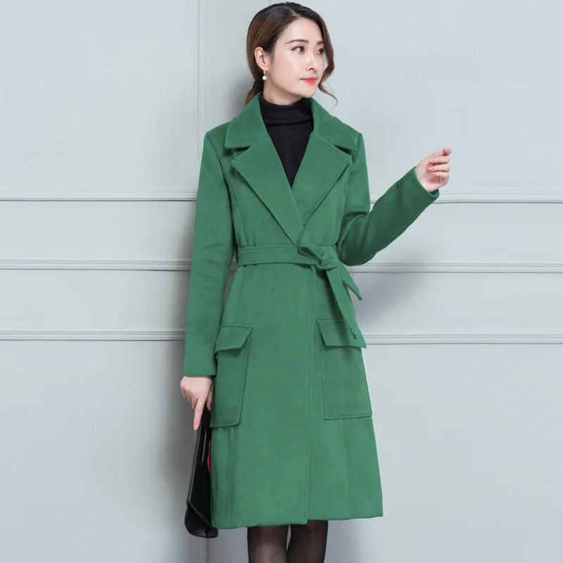 

2017 Autumn And Winter New Style Korean-style Top Grade Green Waist Hugging Lace-up over-the-Knee Double-Sided Duffle Coat Women