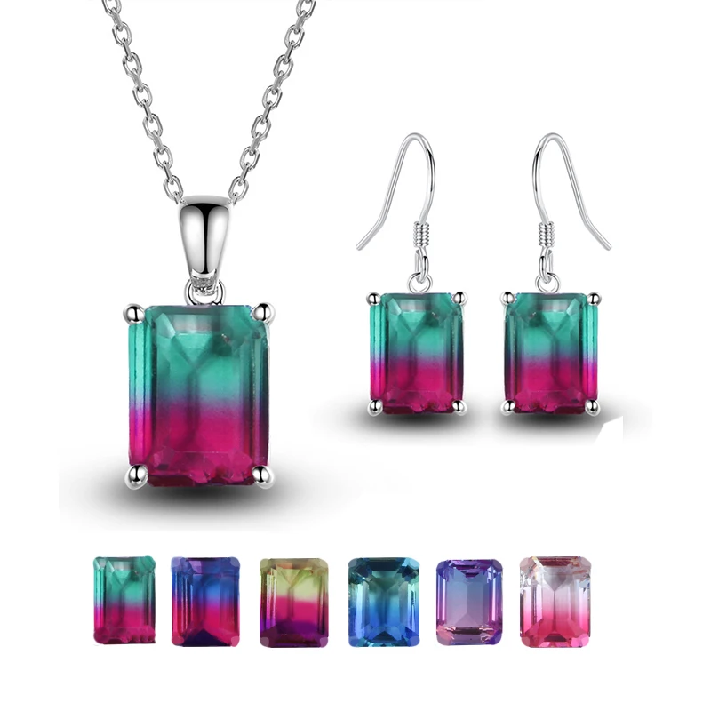 

Rectangle Colorful Crystal Pendant Necklace Earring for Women Jewelr Set Gradient Color Silver Chain Necklace Hoop Drop Earring