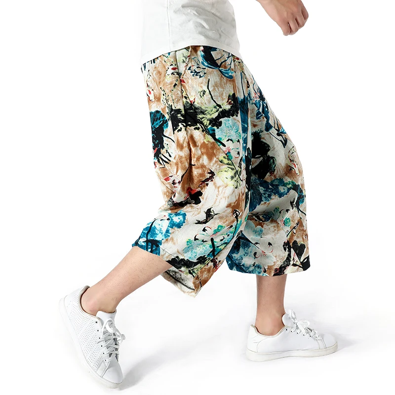 Новые летние Стиль китайско-Стиль хлопковый текстиль с принтом Повседневное Подрезанные штаны для Для мужчин ретро универсальные свободные штаны-шаровары модная