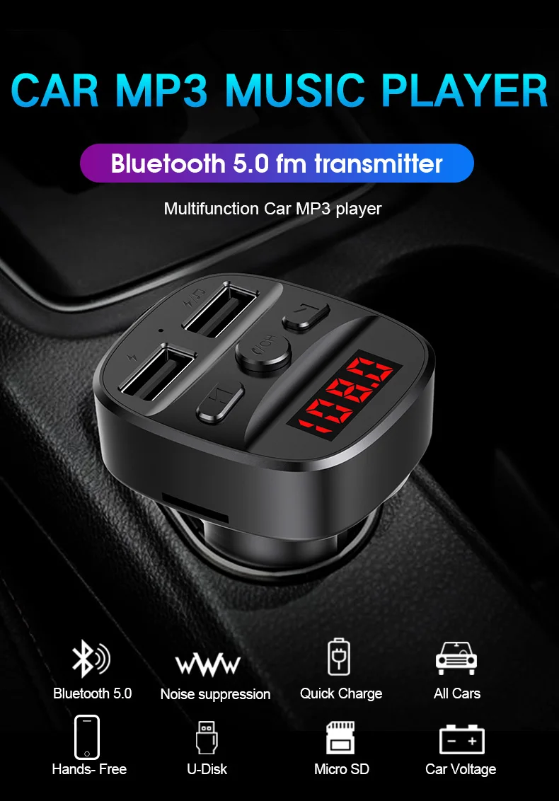 CDEN Car MP3 Player Bluetooth 5.0 Receiver FM Transmitter USB Flash Drive Music TF Card Handsfree Call USB Car Charger