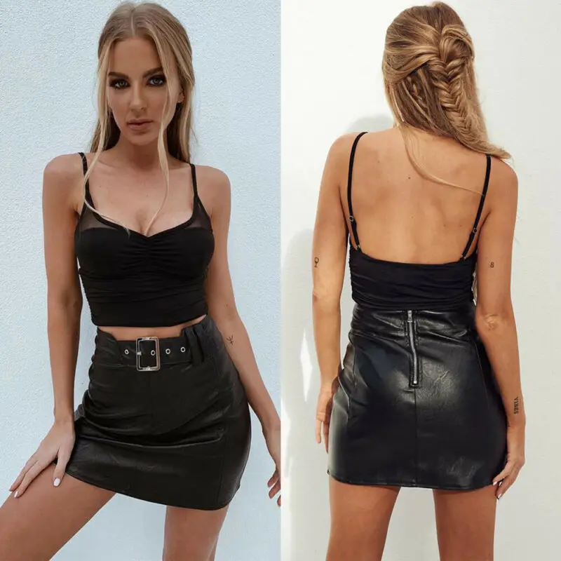 Women Sexy PU Leather High Waist Pencil Bodycon Mini Skirt