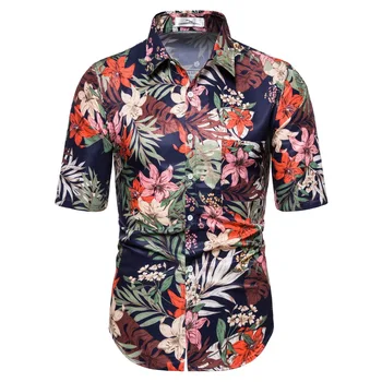 

Men'S Shirts 2020 Chemise Casual Short Sleeve Shirt Men Streetwear Floral Strip Print Beach Blouse Top Shirts Camisa Masculina