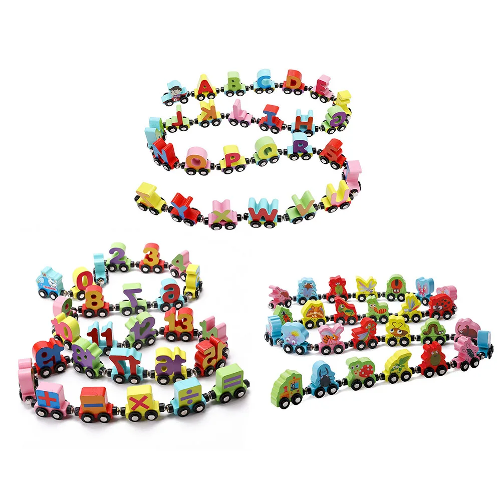 

Children Train Toy Wooden Magnetic English Letters Numbers Insect Trackless Trains Set Early Educational Cognitive Car for Kids