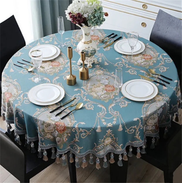Роскошный маленький/большой круглый стол тканевый чехол синие бежевые цветы прямоугольные жаккардовые скатерти скатерть с кисточкой Tapete - Цвет: Blue