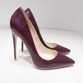 

2020 new sexy burgundy lizard pattern high heels women stiletto 12cm pointed shallow mouth shoes