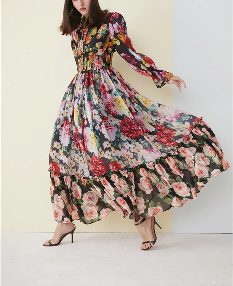 Designer Maxi Vestidoes Women's High Quality Full Sleeve Fancy Flower Printed Long Silk Dress Boutique Party Dress