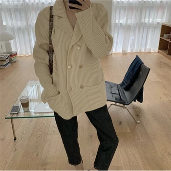 

2020 Autumn Winter Women's Sweaters Double Breast Knitted Turn-down Collar Button Cardigans Pockets Knitwears