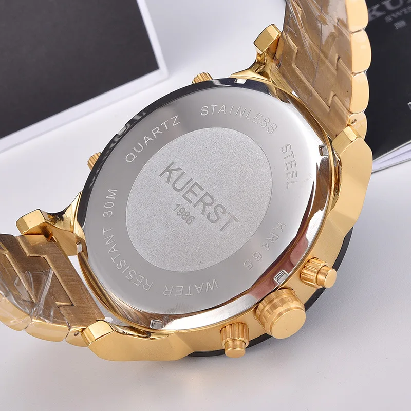 KUERST мужские золотые часы люксовый бренд водонепроницаемые спортивные кварцевые часы с хронографом наручные часы с четырьмя часовыми поясами мужские