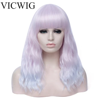 

VICWIG Pink Blue Gradient Cosplay Wig Long Ombre Wavy Wigs Synthetic Natural Heat Resistant Hair for Women