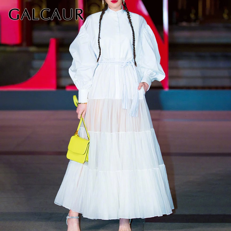 

GALCAUR Patchwork Mesh Hit Color Dresses Womens Lapel Collar Lantern Long Sleeve High Waist Lace Up Ruched Fashion 2020 Clothing