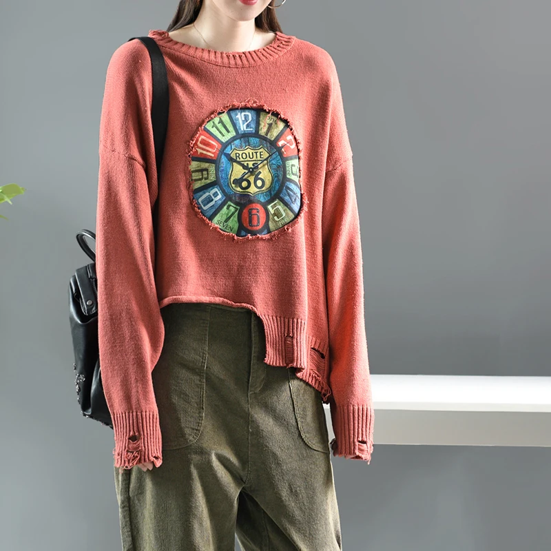 

Autumn Sweater Fashion Women irregular Knitting hole Pullovers 2019 New Ladies Loose Tops O-Neck Long-sleeved Patchwork Sweater