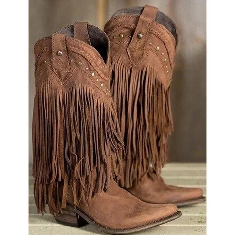 Litthing Women Mid-calf Boots Low Heel Bohemia Style Motorcycle Boots Fringed Cowboy Boots 2019 Shoes Autumn Women Shoes