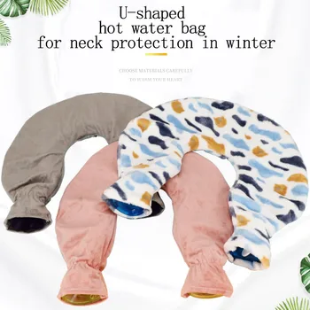 

U-Shaped Cervical Pillow Hot Water Bottle Pvc Cloth Warmer Heated Water Bag Neck Warmer with Soft Cover Cushion#