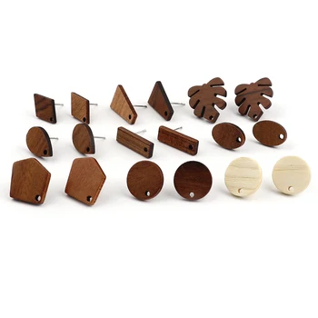 DoreeBeads Handamde 천연 목재 이어 포스트 스터드 귀걸이, 루프 둥근 잎 모양, DIY 제작 귀걸이 쥬얼리, 10PCs