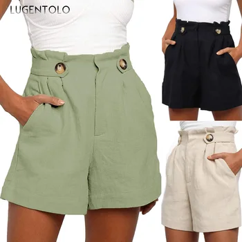 

Lugentolo Women's Shorts Fashion Explosion Models Wild Casual High Waist Elastic Button Loose Cotton Linen Wide Leg