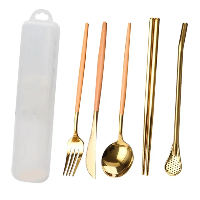 3PCs/4PCs Glossy Stainless Steel Tableware Spoon Fork Knife Straw Reusable Travel Cutlery Set Camp Utensils Set Portable Case A-Pink Gold