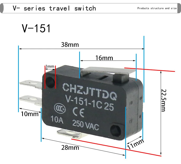 Momentary Micro Limit Switch CHZJTTDQ V-15.V-151.V-152.V-153.V-154.V-155.V-156.-1C 25 Travel switch limit switch silver contact