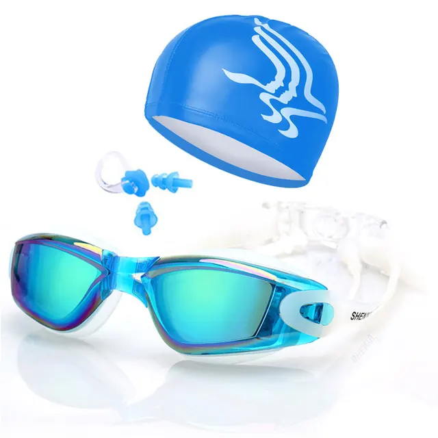 Professional Swimming Goggles One-Piece Earplugs Swimming Cap HD Waterproof Glasses Earplugs Swimming Accessories Adult&Children Blue