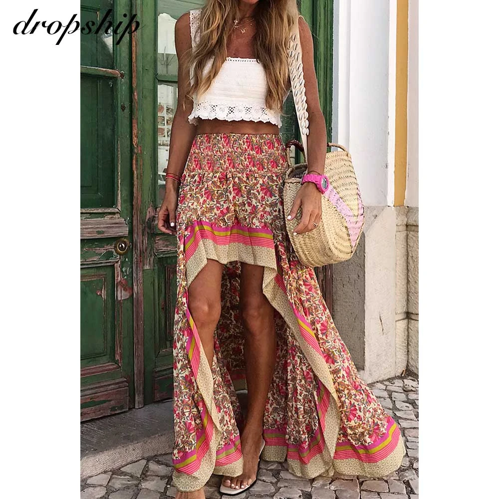 

Dropship Beach Summer skirts For Women Party Midi Boho skirts Floral Print Summer Dress 2020 Sundress Casual Clothes