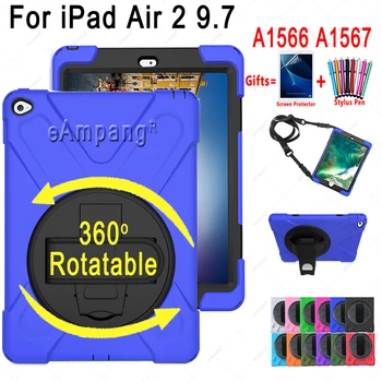 

Hand Shoulder Strap Case for iPad Air 2 9.7 A1566 A1567 Kids Safe Shockproof 360 Rotable Tablet Cover with Rope