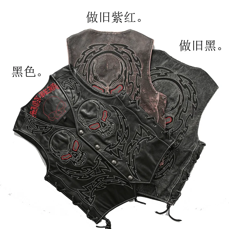 Flash Sale Read Description! Asian size super quality Cow leather vintage waistcoat men's cowhide stylish light reflecting embroidery vest