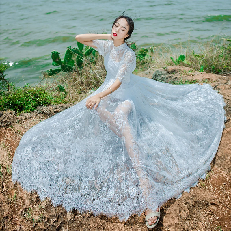 

2019 Stand Collar Short Sleeve Women See-through Lace Maxi Dress Women Bohemian Pure White Long Dress Vestidos Mujer Robe Femme