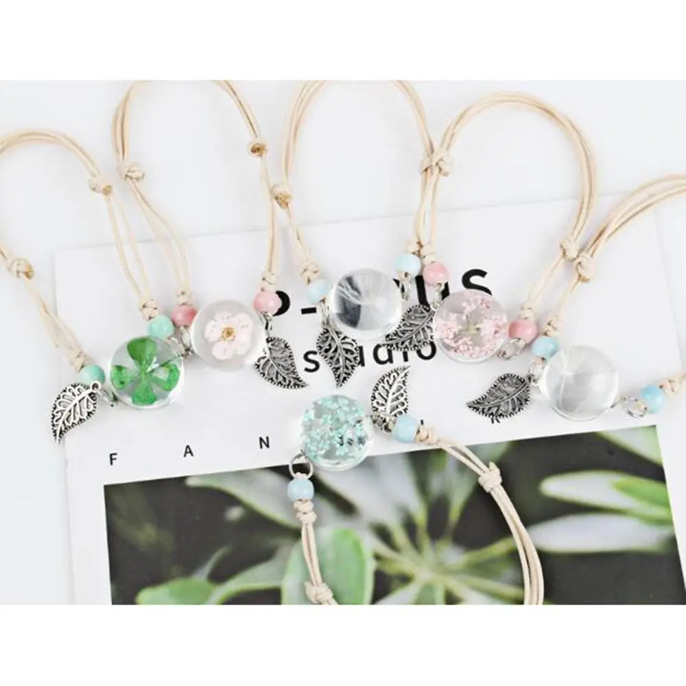 

2019 New Boho Vintage Charm Bracelet Handmade Real Dry Flower Glass Ball Weave Adjustable Bracelets Bangle for Women Fashion hot