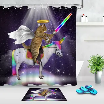 

Angel Cat Unicorn Knight Waterproof Bathroom Fabric Shower Curtain Set Hooks