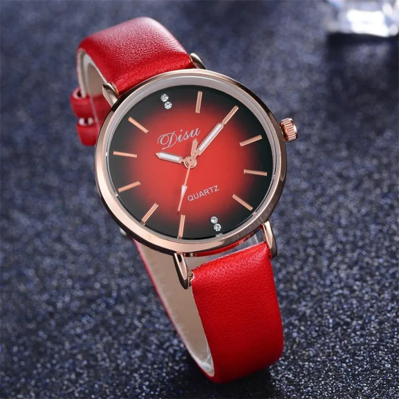 GENAVA Брендовые женские часы белые модные кварцевые женские часы montre с кожаным ремешком простой дизайн наручные часы подарок reloj mujer - Цвет: Красный