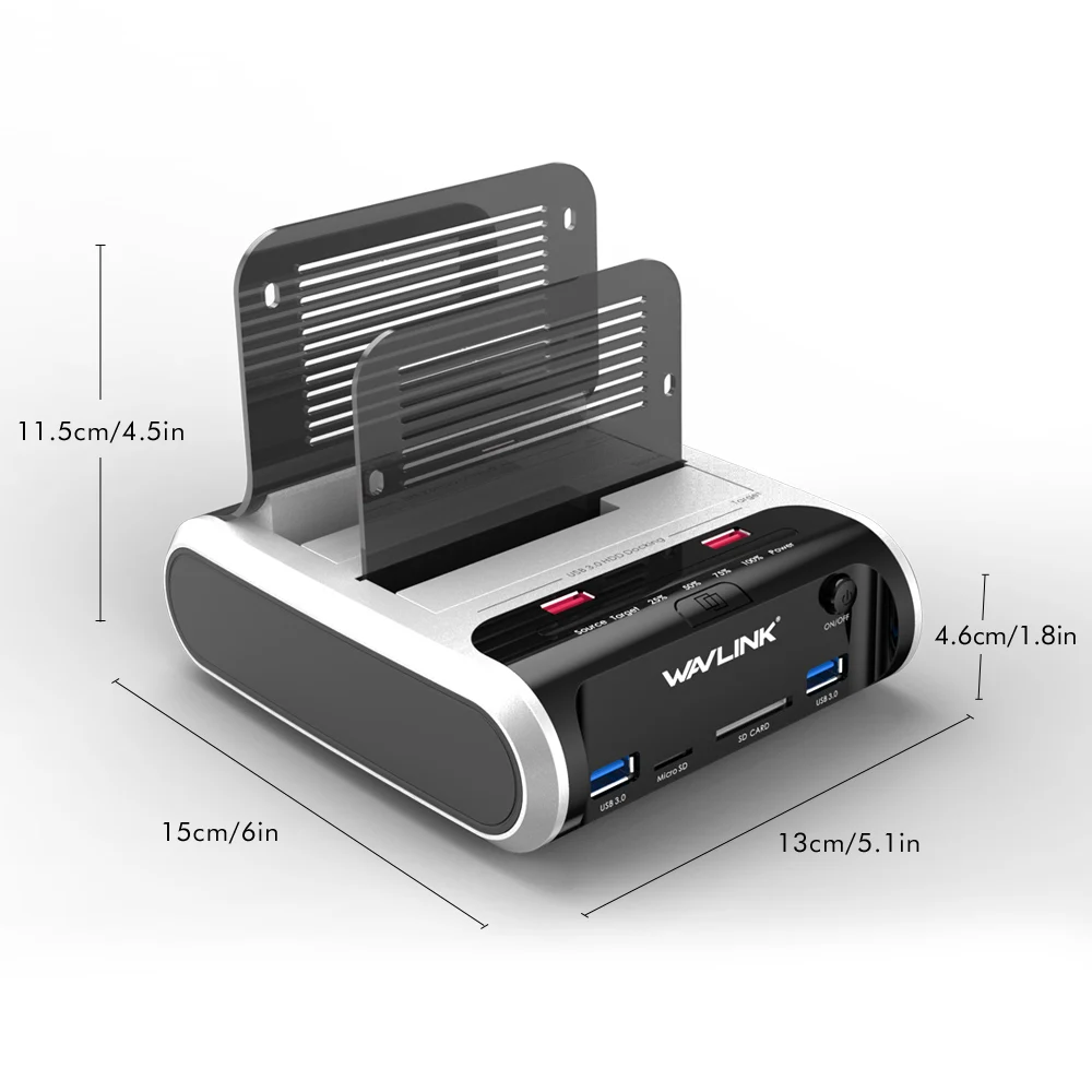 Wavlink-듀얼 베이 USB 3.0 to SATA 하드 드라이브 인클로저 SATA HDD 도킹 스테이션 HDD 박스, 오프라인 복제 및 UASP, 2.5 3.5 HDD SSD 용
