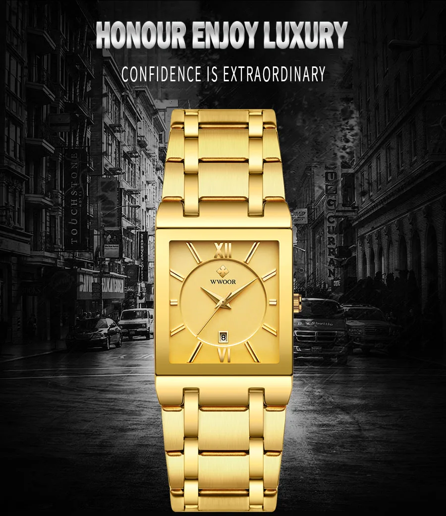 Relogio Masculino WWOOR Gold Watch Men Square Mens Watches Top Brand Luxury Golden Quartz Stainless Steel Waterproof Wrist Watch