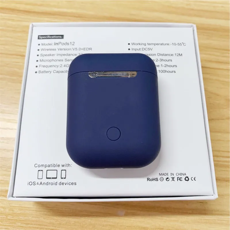 dark blue Bluetooth наушники InPods 12 5,0 HIFI беспроводные наушники беспроводные Bluetooth спортивные наушники Macaron 12 для всех смартфонов - Цвет: dark blue