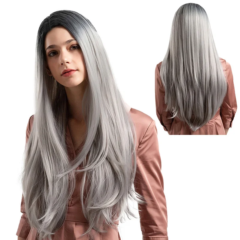 

New 4 Colors Bob Lace Front Wig With Hair Long Straight Synthetic Wig For Beautiful lady Mixed Gray and Black Middle Nature Wigs