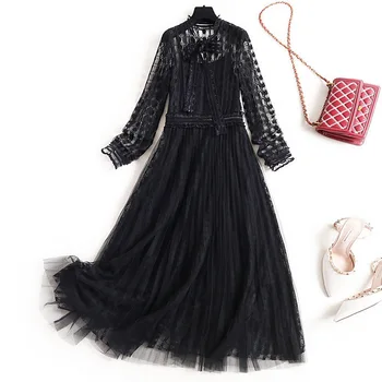 

New 2020 spring women fashion black lace dress hollow out floral long sleeve V-neck Bow tie elegant s-line mesh dresses beige