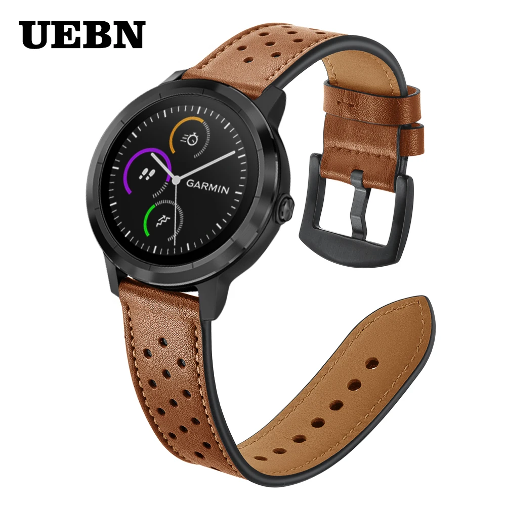 Кожаный дышащий сменный ремешок UEBN 22 мм для Garmin Vivoactive 3 4 подарок/GarminMove/Forerunner 245 645