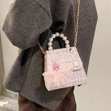

Fashion Kids Keys Coin Purse Baby Mini Bow Flower Crossbody Bags Girls Princess Lace Manual Pearl Chain Shoulder Bag School Bag