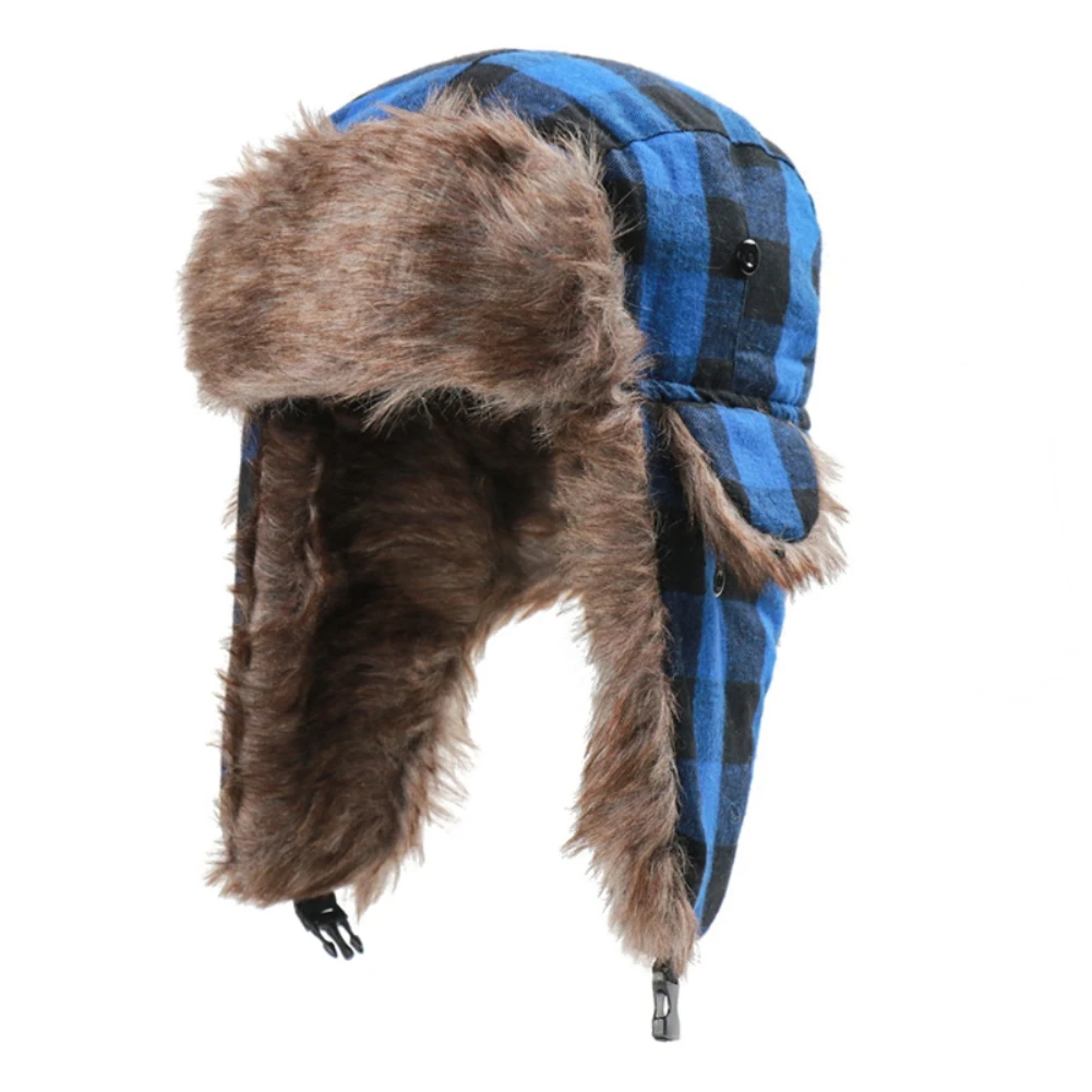 Plaid Trapper Bomber Fur Hats for Skiing Skating Snowboarding Winter Warm Men Women Ear Protector Cycling Camping Hiking Caps