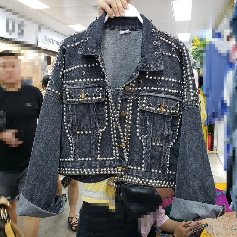 Весенне-осенняя женская джинсовая куртка Harajuku, пальто, ручная вышивка стразами, заклепки, джинсовые шорты, куртки для студентов, базовые пальто, Повседневная Свободная верхняя одежда