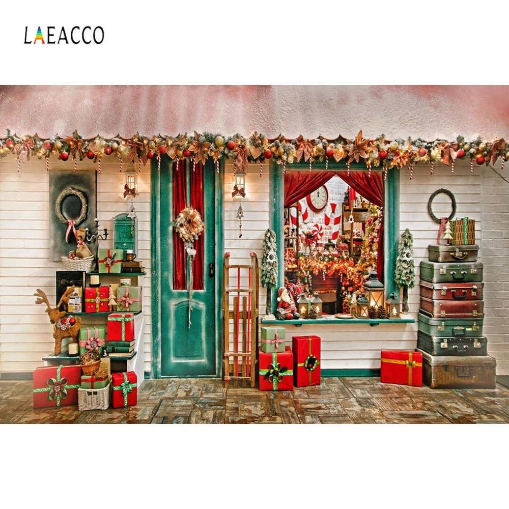 

Laeacco Abundant Christmas Shop Gifts Door Window Scene Photography Backgrounds Vinyl Customs Camera Backdrops For Photo Studio