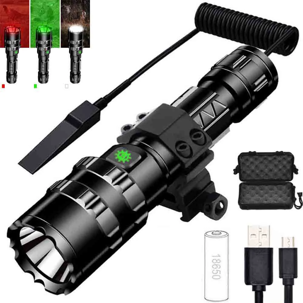 

Powerful led flashlight USB rechargeable Red green white light Tactical hunting LED torch Used for hunting camping 18650 battery