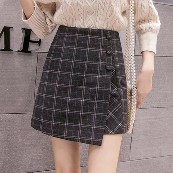 

Mini Skirt 2019 Autumn Plaid Wool Skirts Womens Fashion Single Breasted High Waist Skirt Winter Ladies Woolen Skirt