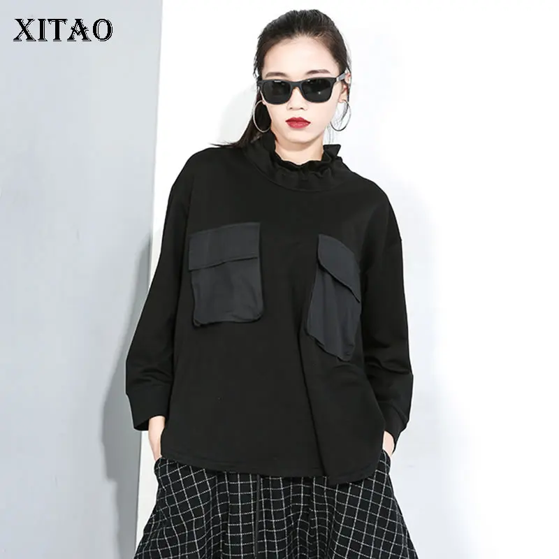 

XITAO Black Irregular T Shirt Women Fashion New Turtleneck 2019 Elegant Pocket Small Fresh Pocket Patchwork Loose Tee GCC2223