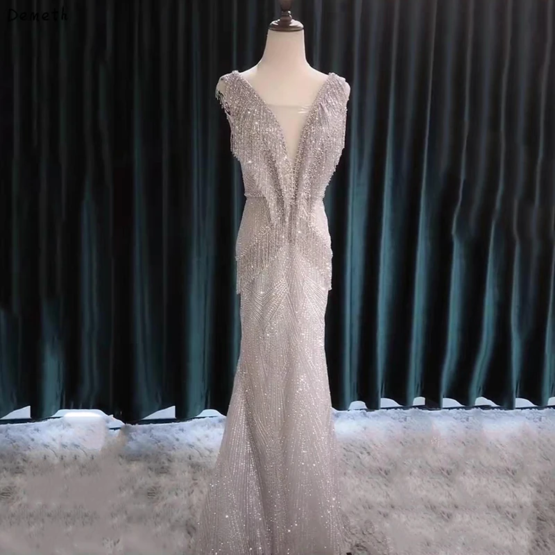 

Luxury Silver Dubai Evening Dresses 2019 Crystal Tassel Mermaid Evening Gowns Latest Design Formal Dress For Party