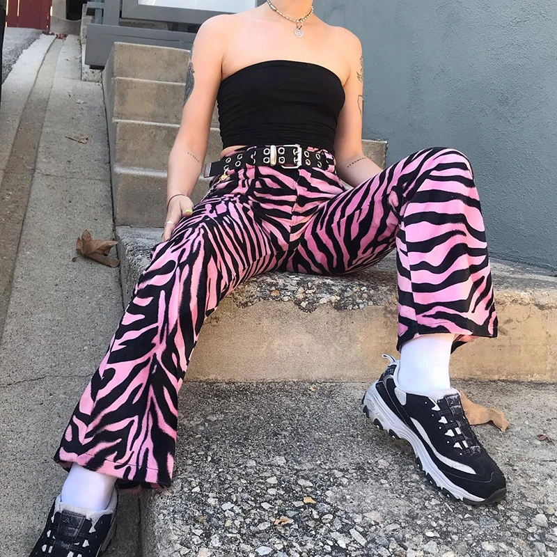 

Women's Autumn Straight-leg Pants,Zebra Pattern Button Placket Pink Trousers, Women's Fashion Loose Pants, Without Belt