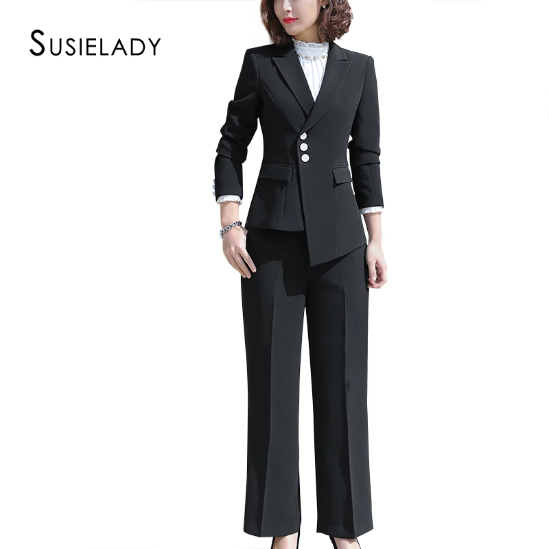 

SUSIELADY Women Blazer Suits Three Button Office Lady Pantsuits Notched Collar Blazer Jacket & Pant Women Suits