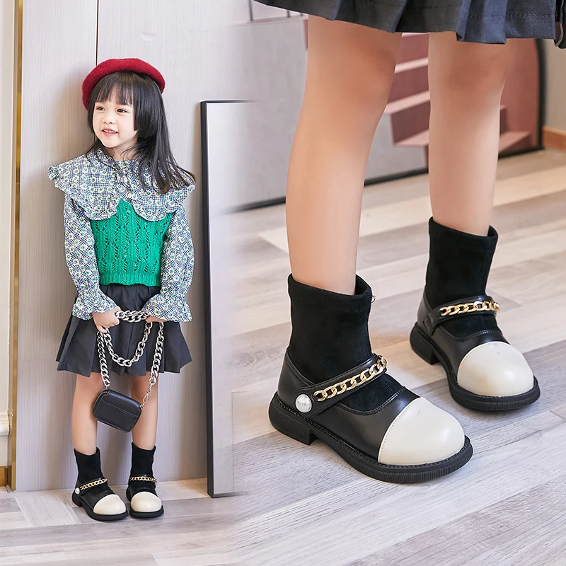 New Girls Boots 2021 Autumn Winter Children Fashion Elegant Wide Pu Leather Pearl Metal Chain Rubber Baby Shoes Kids Girl Bootie