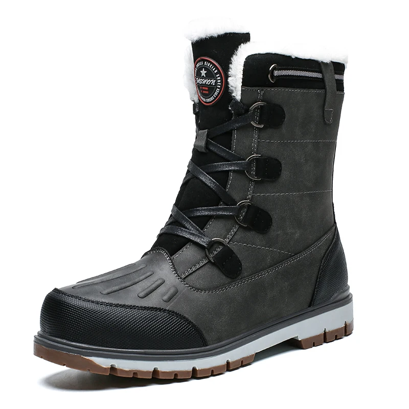 Winter Warm Plush Fur Snow Boots Men Ankle Boot Quality Casual Motorcycle Boot Waterproof Men's Boots Big Size 38-47 - Цвет: Grey